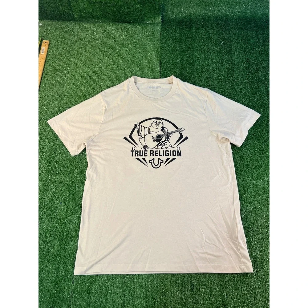 True Religion Mens Buddha Guitar Graphic T-Shirt Cream Beige XL Short Sleeve